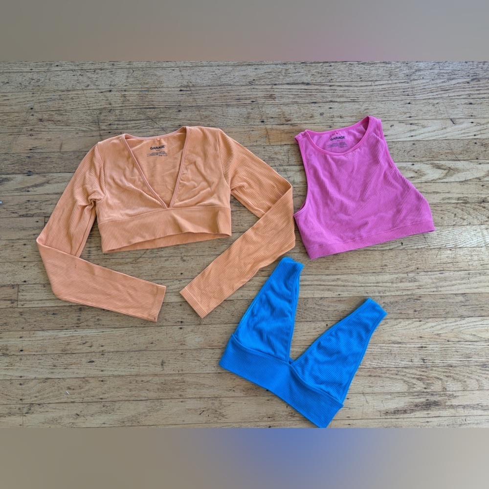 Garage ribbed crop tops- pink crop tank, orange long sleeve crop, and bralette